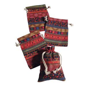 Colorful Bohemian Cotton Canvas Fabric Drawstring Pouches Set Of 4 Small Gift Ba